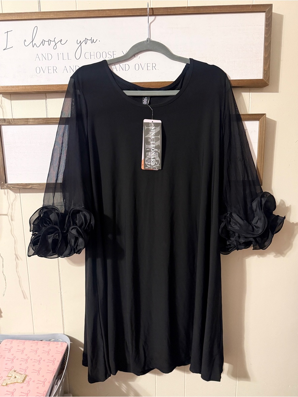 Nina Leonard Black Long Sleeve Mesh Dress with Floral Cuffs
